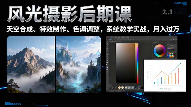 风光摄影后期课，一键换天空合成、特效制作、色调调整，月入过万-摇钱树